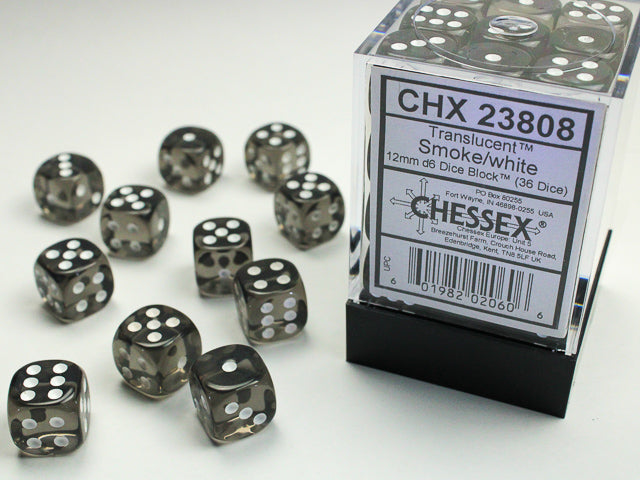 Chessex: Translucent 12mm D6 Smoke/White Dice Block (36 dice)