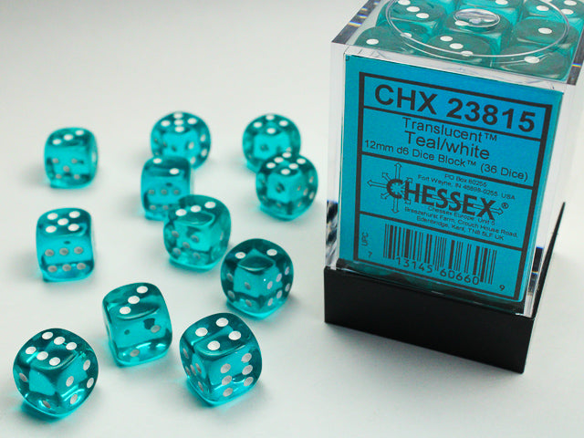 Chessex: Translucent 12mm D6 Teal/White Dice Block (36 dice)