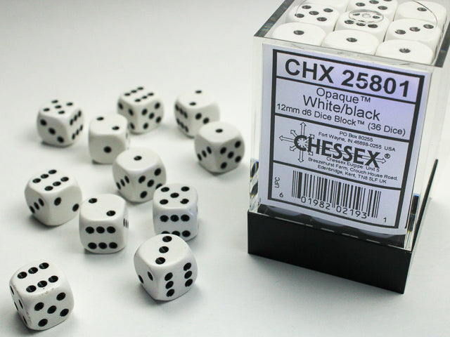 Chessex: Opaque White/Black 12mmD6 Dice Block (36 dice)