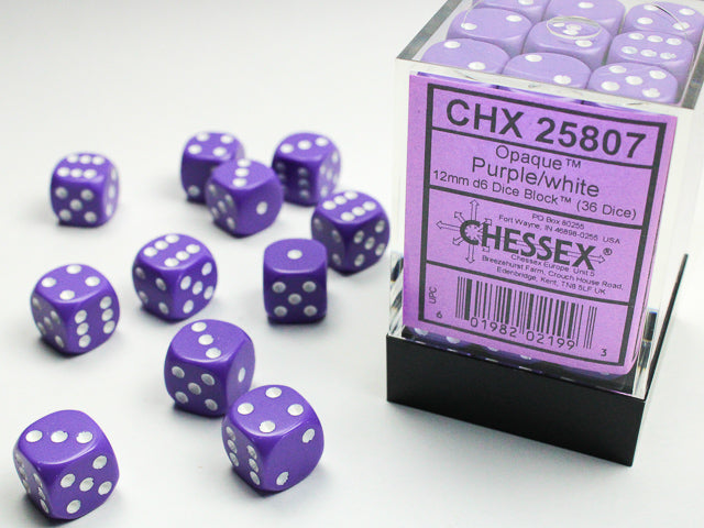 Chessex: Opaque Purple/White 12mm D6 Dice (36 dice)