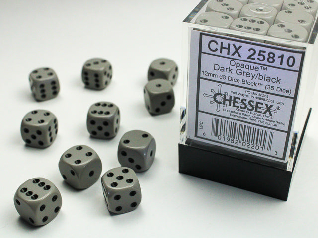 Chessex: Opaque Dark Grey/Black 12mm D6 Dice Block (36 dice)