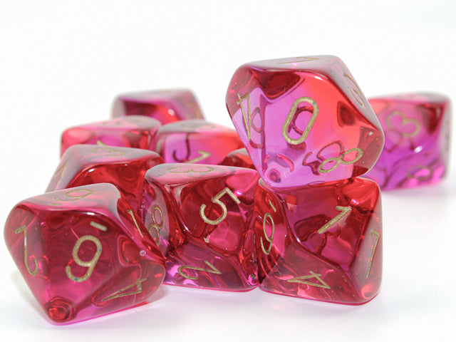 Chessex Gemini Translucent Red- Violet/gold Set of Ten d10