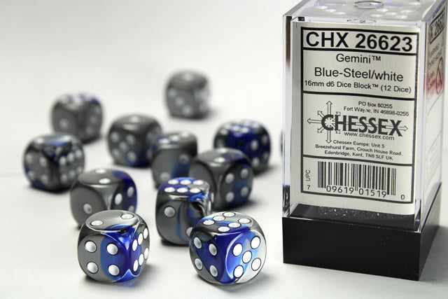 Chessex: Gemini Blue/Steel 16mm D6 Dice Block (12 dice)