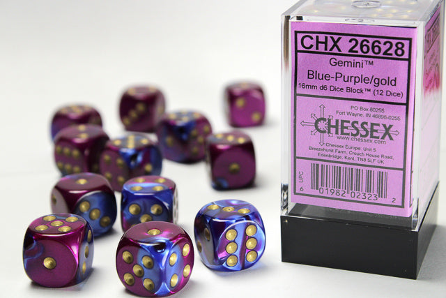 Chessex: Gemini Blue-Purple/Gold 16mm D6 Dice Block (12 dice)