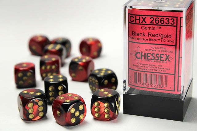 Chessex: Gemini Black-Red/Gold 16mm D6 Dice Block (12 dice)