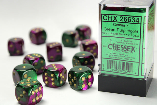 Chessex: Gemini Green-Purple/White 16mm D6 Dice Block (12 dice)