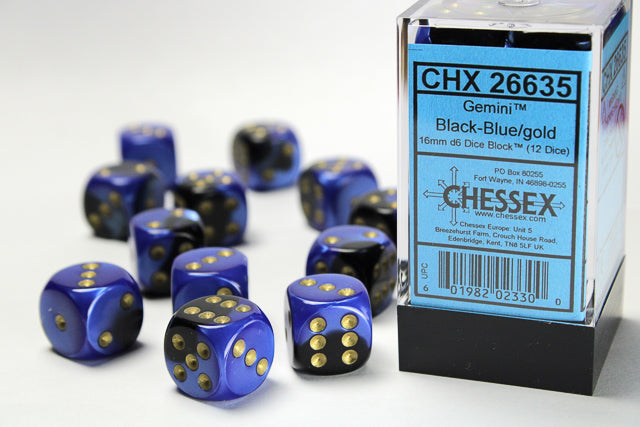 Chessex: Gemini Black-Blue/Gold 16mm D6 Dice Block (12 dice)