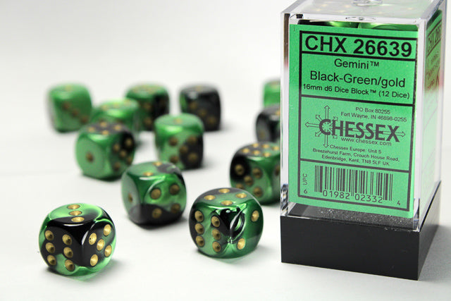 Chessex: Gemini Black-Green/Gold 16mm D6 Dice Block (12 dice)