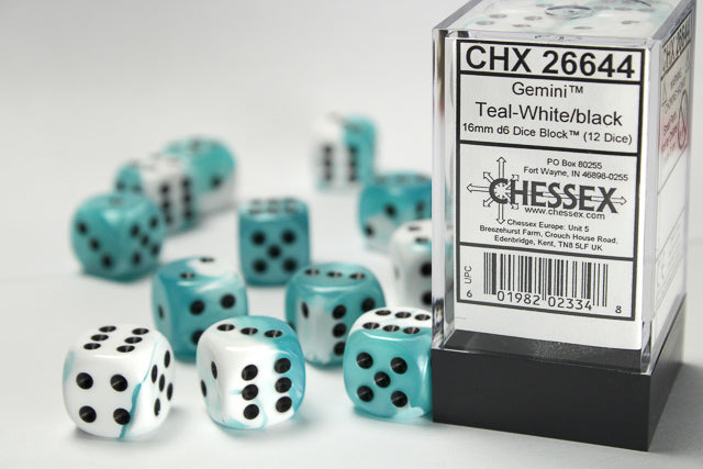 Chessex: Gemini Teal-White/Black 16mm D6 Dice Block (12 dice)