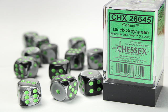 Chessex: Gemini Black-Grey/Green 16mm D6 Dice Block (12 dice)