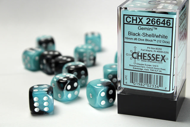 Chessex: Gemini Black-Shell/White 16mm D6 Dice Block (12 dice)
