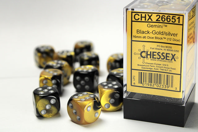 Chessex: Gemini Black-Gold w/ Silver 16mm Dice Block (12 dice)