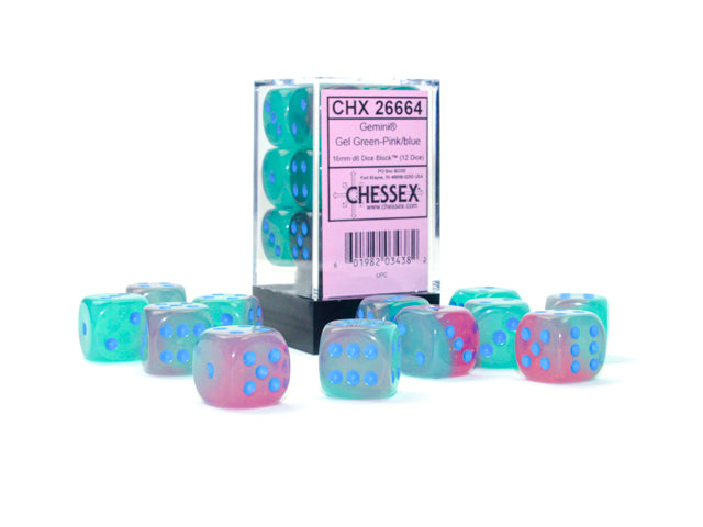 Gemini Gel Green-Pink/Blue 16mm D6 Dice Block (12 dice)