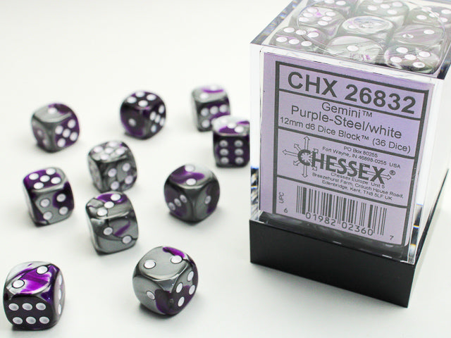 Chessex: Gemini Purple-Steel/White 12mm D6 Dice Block (36 dice)