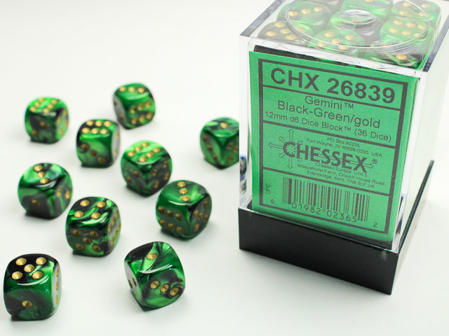 Chessex: Gemini Black-Green/Gold 12mm D6 Dice Block (36 dice)