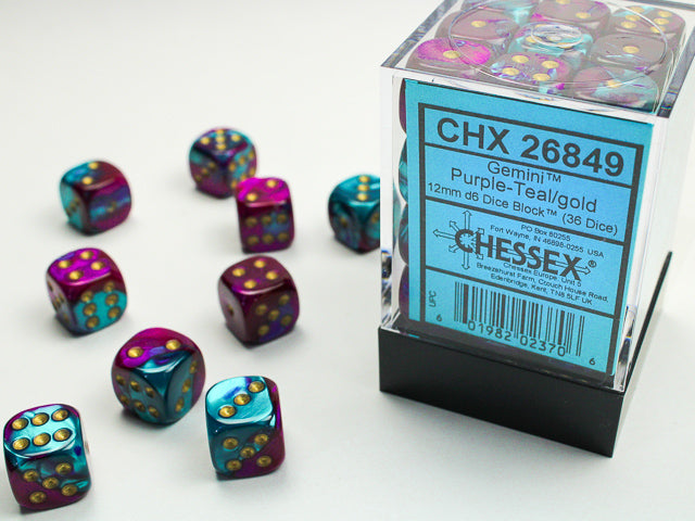 Chessex: Gemini Purple-Teal/Gold 12mm D6 Dice Block (36 dice)