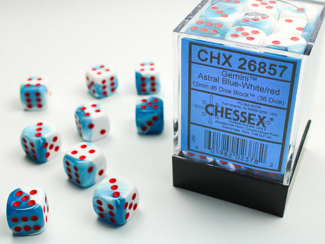 Chessex: Gemini Astral Blue White / Red 12mm D6 Dice Block (36 dice)