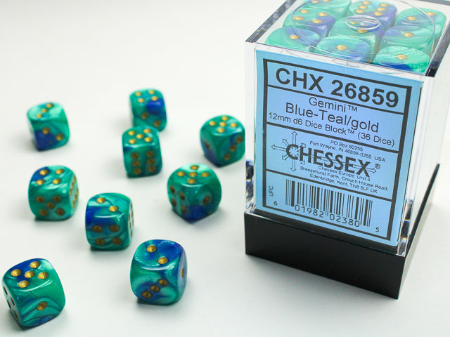 Chessex: Gemini Blue Teal / Gold 12mm D6 Dice Block (36 dice)