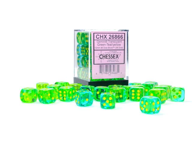 Gemini Translucent Green-Teal/Yellow 12mm D6 Dice Block (36 dice)