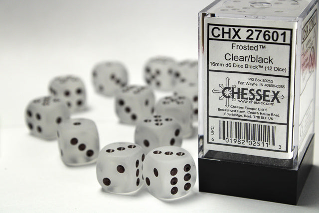 Chessex: Frosted Clear/Black 16mm D6 Dice (12 dice)