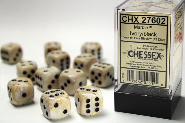 Chessex: Marble-Ivory/Black 16mm D6 Dice Block (12 dice)