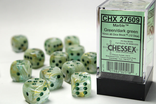 Chessex: Marble Green/Dark Green 16mm D6 Dice Block (12 dice)