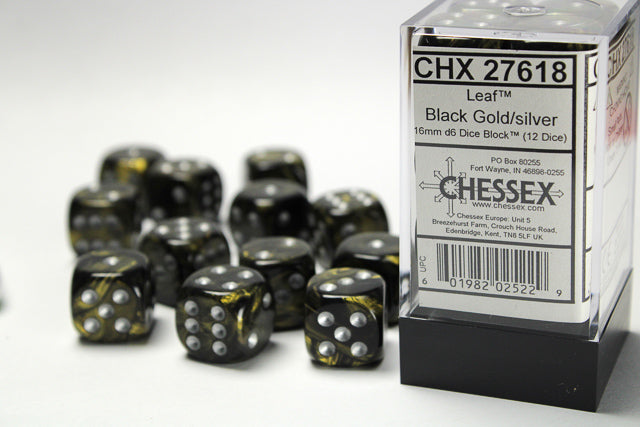 Chessex: Leaf Black-Gold/Silver 16mm D6 Dice Block (12 dice)