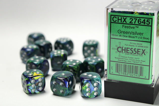Chessex: Festive Green/silver 16mm D6 Dice Block (12 Dice)