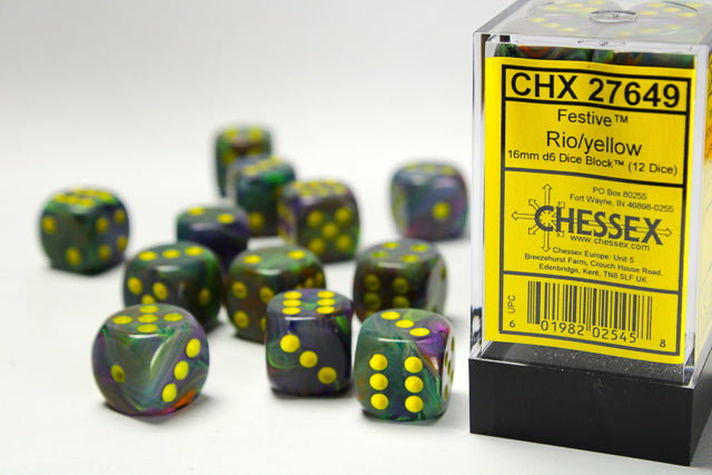 Chessex: Festive Rio/Yellow 16mm D6 Dice Block (12 dice)