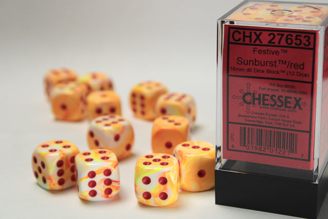 Chessex: Festive Sunburst/ Red 16mm D6 Dice Block (12 dice)