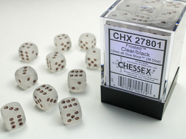 Chessex: Frosted Clear/Black 12mm D6 Dice Block (36 dice)