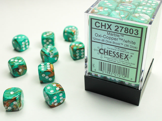 Chessex: Marble Oxi-copper/ White 12mm D6 Dice Block (36 dice)