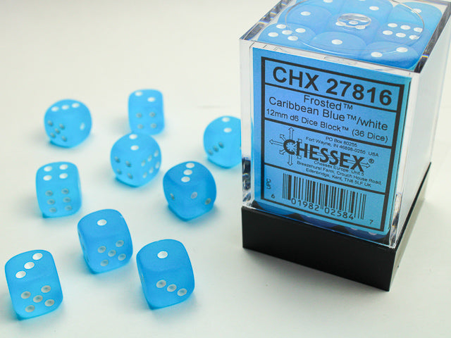 Chessex: Frosted Carribean Blue/White 12mm D6 Dice Block (36 dice)