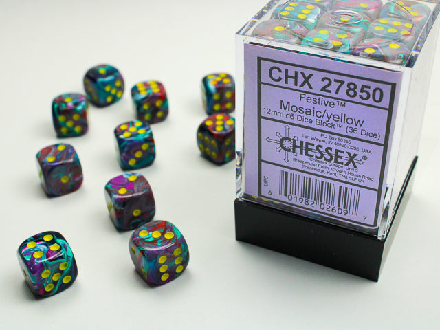 Chessex: Festive Mosaic w/ Yellow 12mm D6 Dice Block (36 dice)