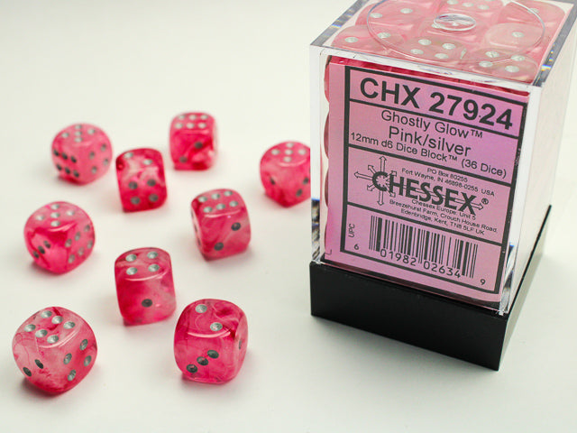 Chessex: Ghostly Glow Pink w/ Silver 12mm D6 Dice Block (36 dice)