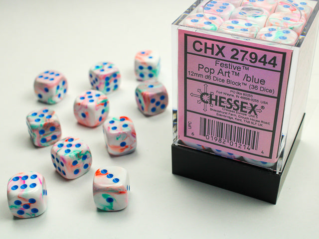 Chessex: Festive Pop-art/ Blue 12mm D6 Dice Block (36 dice)