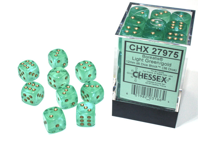 Chessex: Borealis 12mm D6 Light Green/gold Luminary Dice Block (36 dice)