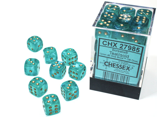 Chessex: Borealis 12mm D6 Teal/gold Luminary Dice Block (36 dice)