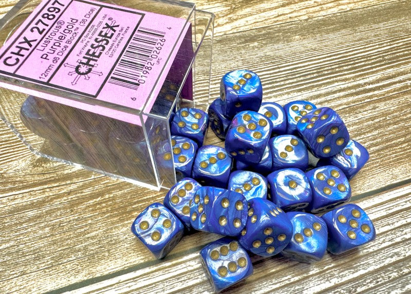 Chessex: Lustrous Purple/Gold 12mm D6 Dice Block (36 dice)