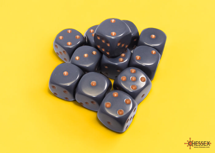 Chessex: Opaque 16mm D6 Dark Grey/Copper Dice Block (12 dice)