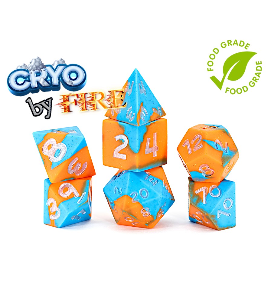 Cryo by Fire - Blue and Orange Silicone with Sparkling Glitter (7 Polyhedral Dice Set)