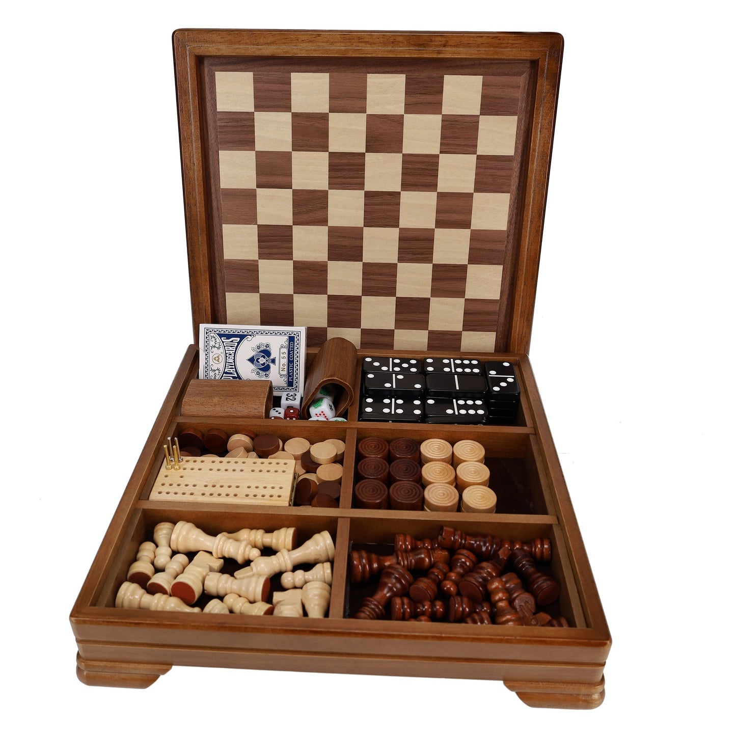 Walnut 7-Games-in-1 Combination Game Set - Includes Chess, Checkers, Backgammon, Dominoes, Cribbage, Poker, Dice and Cards