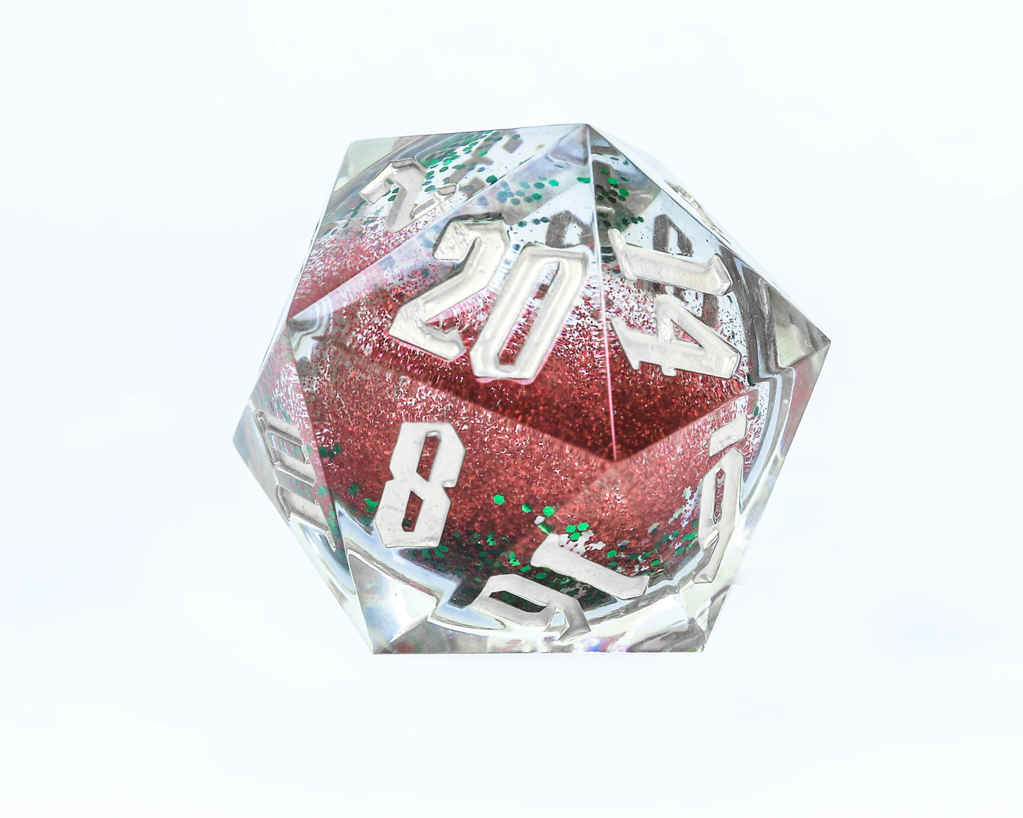 Snow Globe: 54mm D20 Silver Ink (Red and Green Glitter, Silver Snowflakes)