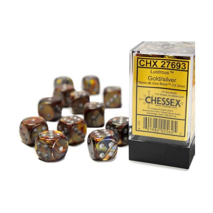 Chessex: Lustrous 16mm D6 Gold/SIlver Dice Block (12 dice)