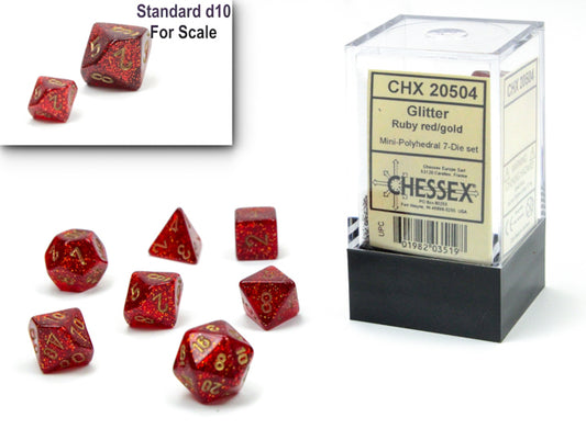 Glitter Mini Polyhedral 7 Die Set Ruby/Gold
