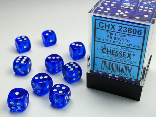 Chessex: Translucent 12mm D6 Blue/White Dice Block (36 dice)