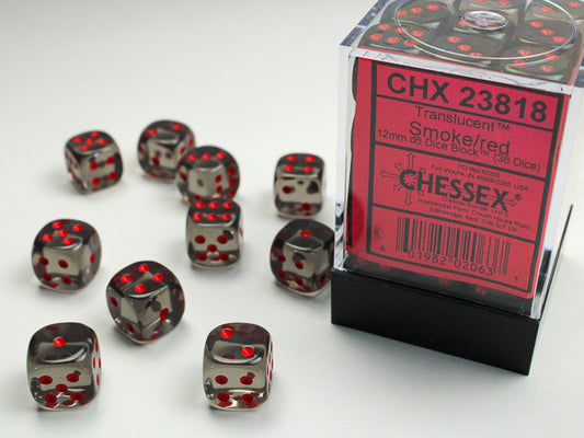 Chessex: Translucent 12mm D6 Smoke/Red Dice Block (36 dice)