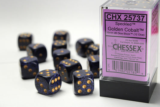 Chessex: Speckled Golden Cobalt 16mm D6 Dice Block (12 dice)