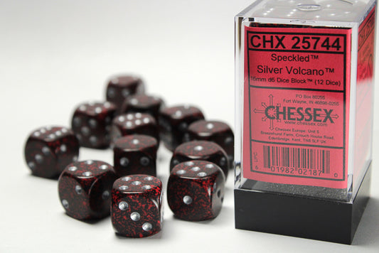 Chessex: Speckled Silver Volcano/Black 16mm D6 Dice Block (12 dice)