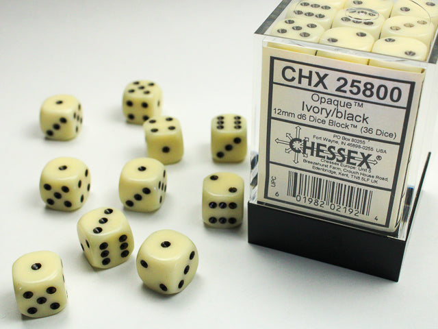 Chessex: Opaque Ivory/Black 12mm D6 Dice Block (36 dice)